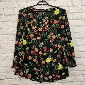 Chelsea & Theodore Black Floral Long Sleeve Pop Over Blouse Size XXL